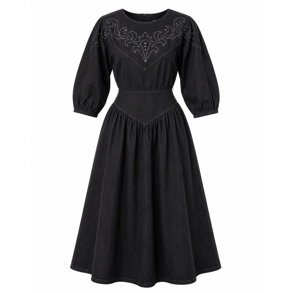 Vintage PG Collections Ginger Bort Black Denim Western Midi Dress Size 10